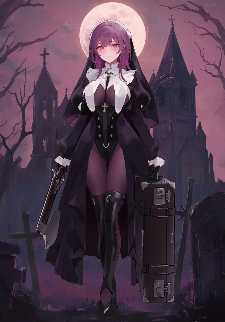 1girl black_gloves blush bodystocking boots breasts building chowbie full_body gloves gun habit holding holding_gun holding_suitcase holding_weapon knee_boots large_breasts long_hair nun nunholy purple_hair red_eyes solo suitcase tombstone weapon