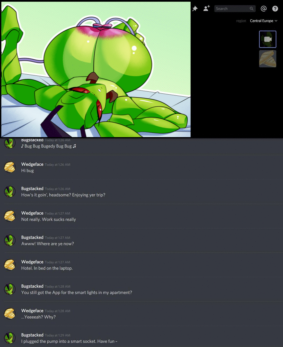 animated antennae_(anatomy) anthro areola arthropod big_breasts breast_expansion breasts chat discord_(app) eliot_(heroic_ones) expansion female green_body hi_res huge_breasts hyper hyper_breasts insect looking_at_viewer lying mandibles mantis nipple_fetish nipple_pinch nipple_play nipples non-mammal_breasts nude on_back pinch pink_areola pink_nipples red_sclera slideshow solo text video_call winterwarning