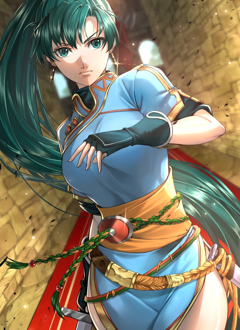 blue_dress delsaber dress earrings fingerless_gloves fire_emblem fire_emblem:_the_blazing_blade gloves green_eyes green_hair high_ponytail jewelry long_hair lyn_(fire_emblem) pelvic_curtain ponytail rope_belt side_slit