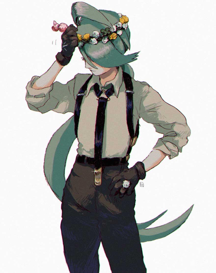 1girl ahoge androgynous belt black_gloves black_pants collared_shirt covered_eyes cowboy_shot facing_viewer flower_wreath gloves green_hair grey_shirt hair_over_eyes hand_on_own_head hand_on_own_hip hand_up head_wreath long_hair low_ponytail pants pokemon pokemon_sv ponytail reverse_trap rika_(pokemon) shirt shirt_tucked_in simple_background solo standing suspenders swept_bangs ttanne white_background