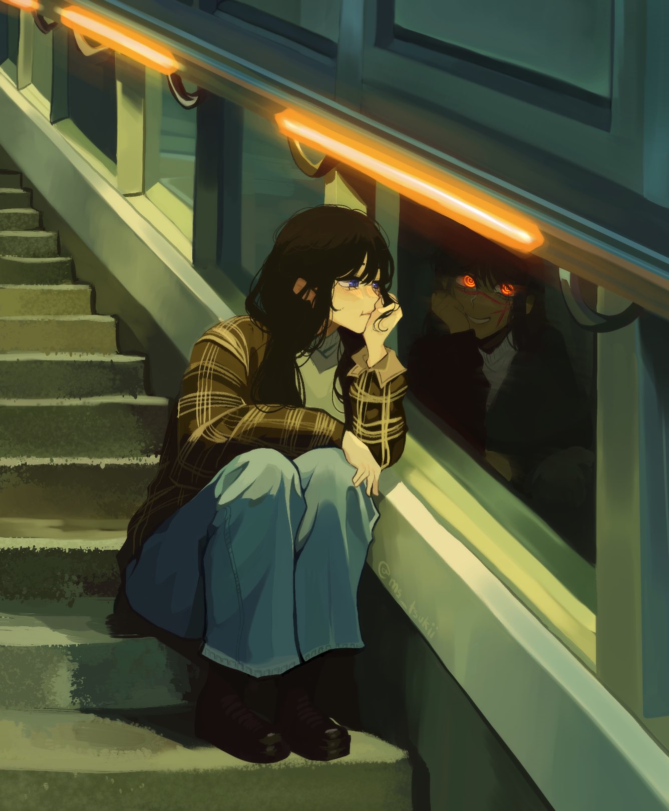 2girls :t arm_support black_footwear black_hair blue_pants blush boots brown_jacket chainsaw_man closed_mouth commentary denim different_reflection english_commentary full_body glowing glowing_eyes grin head_rest highres jacket jeans knees_up legs_together light long_hair long_sleeves looking_at_another mitaka_asa ms_tsukii multiple_girls night on_stairs orange_eyes outdoors pants plaid plaid_jacket purple_eyes railing red_eyes reflection ringed_eyes scar scar_on_face shoes sitting sitting_on_stairs smile stairs yoru_(chainsaw_man)