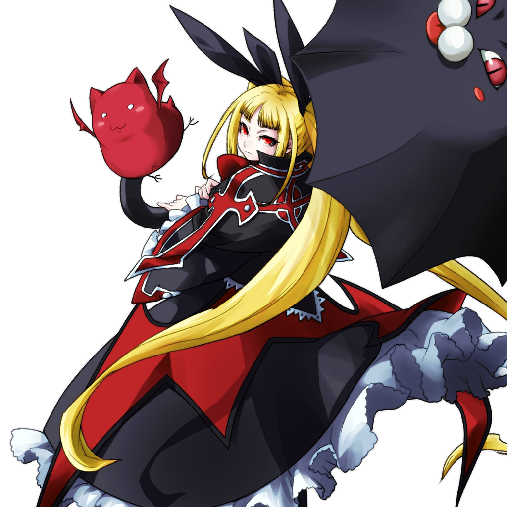 :3 :p bangs bat black_capelet black_umbrella blazblue blazblue:_continuum_shift blonde_hair blunt_bangs blush_stickers capelet cat cross flying frills from_behind gii gothic hair_ribbon katou_yuuki long_hair looking_back nago o_o official_art parasol rachel_alucard red_eyes red_skin ribbon skirt solo standing tongue tongue_out transparent_background twintails umbrella very_long_hair