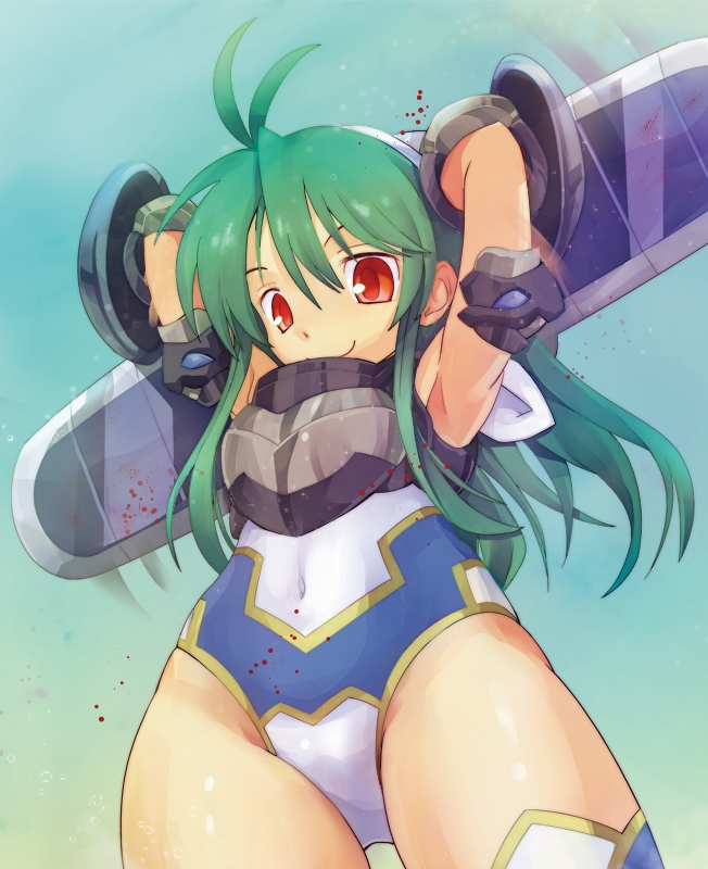 anshinmama antenna_hair blue_leotard green_hair leotard long_hair navel red_eyes shinrabanshou shizuku_(shinrabanshou) smile solo suireiken_shizuku_(shinrabanshou) thighhighs weapon white_leotard