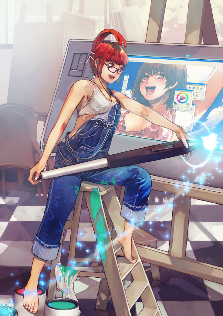 barefoot between_breasts breasts cleavage computer corel_painter earphones feet glasses hokoodo ladder large_breasts minigirl monitor oekaki_musume original overalls oversized_object paint_can red_hair solo stylus tank_top wacom