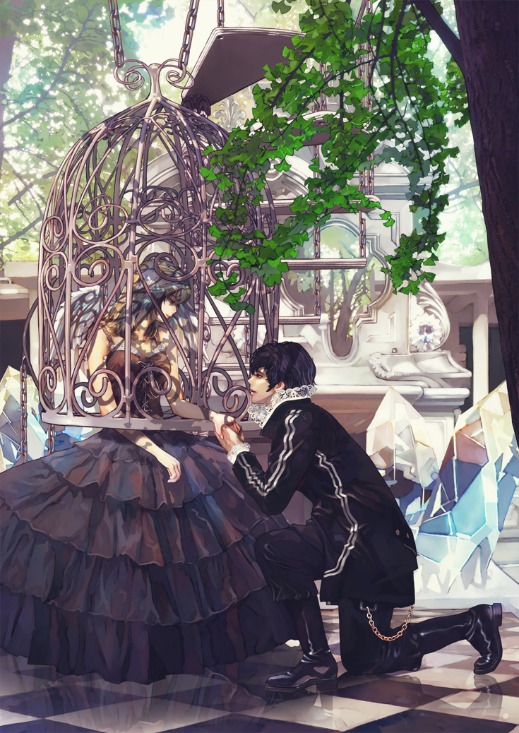 1girl angel_wings bare_shoulders birdcage black_dress black_eyes black_hair blue_eyes blue_hair boots cage chain checkered checkered_floor corset couple crystal dress formal hetero hokoodo holding_hands long_hair one_knee original perspective reflection short_hair sleeveless tree wings