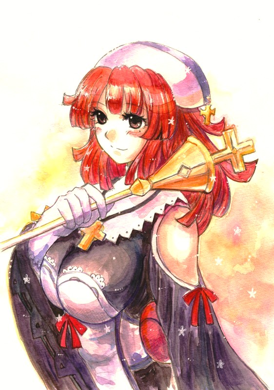 baton blush breasts brown_eyes cross gloves green_eyes hat la_pucelle large_breasts mole prier rabihiko red_hair ribbon smile solo sparkle traditional_media upper_body watercolor_(medium)