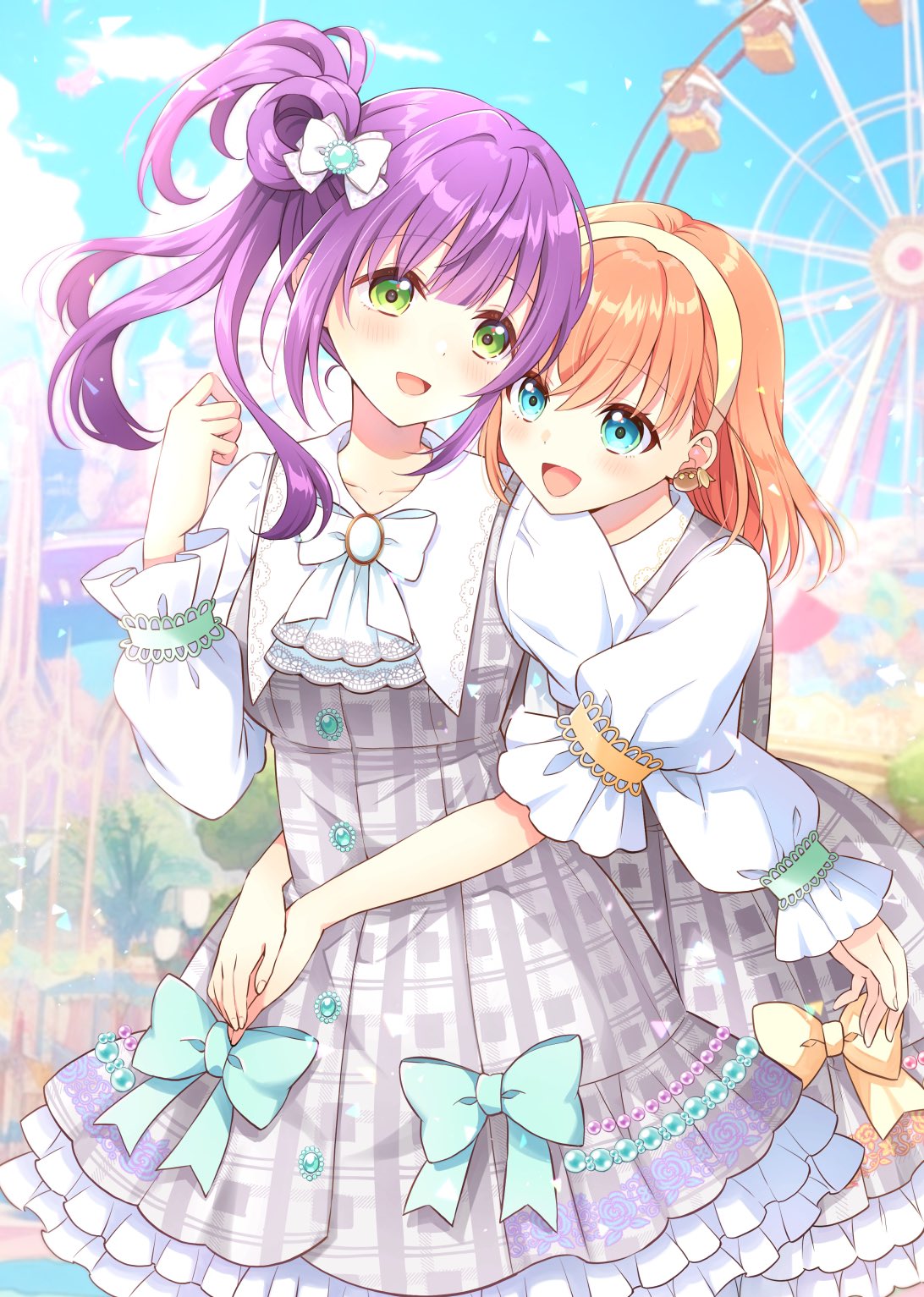 2girls amusement_park ascot blue_eyes blue_sky blurry blurry_background blush bow bowtie breasts cerise_bouquet cloud collared_dress commentary crossed_bangs dress dress_bow ferris_wheel floral_print_dress frilled_dress frills green_bow green_eyes grey_dress hair_bow hair_bun hairband hand_up highres hinoshita_kaho holiday_holiday_(love_live!) hug hug_from_behind link!_like!_love_live! lone_nape_hair long_hair long_sleeves looking_at_viewer love_live! medium_breasts medium_dress medium_hair multiple_girls orange_bow orange_hair otomune_kozue plaid plaid_dress puffy_long_sleeves puffy_sleeves purple_hair sakurai_makoto_(custom_size) side_ponytail sidelocks single_side_bun sky two_side_up virtual_youtuber white_ascot white_bow white_bowtie white_sleeves yellow_hairband