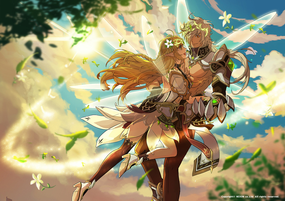1boy 1girl alternate_costume alternate_hair_color alternate_hairstyle braid copyright_notice couple dress ein_choi elsword face-to-face fairy_wings falling_leaves feet_out_of_frame grey_hair hair_over_one_eye hand_on_another's_back hand_on_another's_chest high_heels hug leaf light_brown_hair long_hair looking_at_another mechanical_arms official_art open_mouth raven_cronwell rena_erindel single_mechanical_arm single_thighhigh sky smile sun thighhighs toned toned_male topless_male tree white_dress wings yellow_eyes