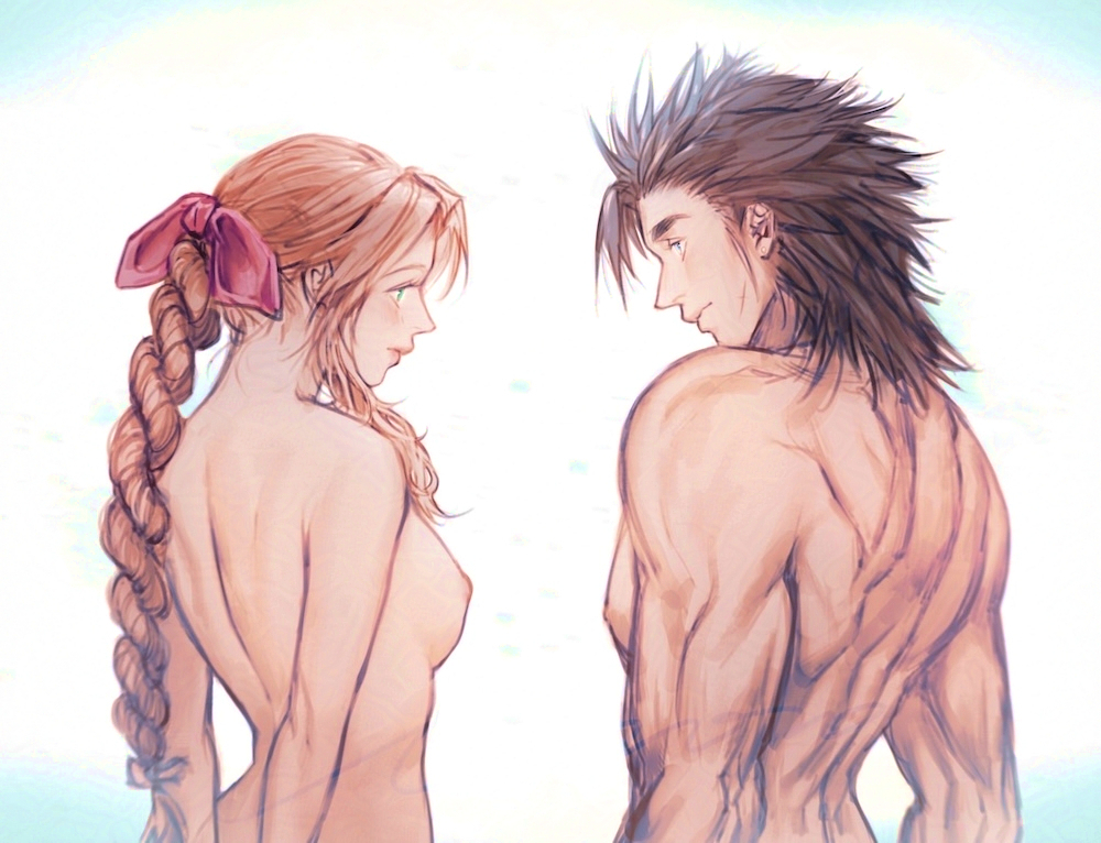 1boy 1girl aerith_gainsborough arms_behind_back black_hair bow braid braided_ponytail breasts brown_hair completely_nude crisis_core_final_fantasy_vii final_fantasy final_fantasy_vii from_behind hair_bow linono median_furrow muscular muscular_male nipples nude pectorals pink_bow scar scar_on_cheek scar_on_face upper_body zack_fair