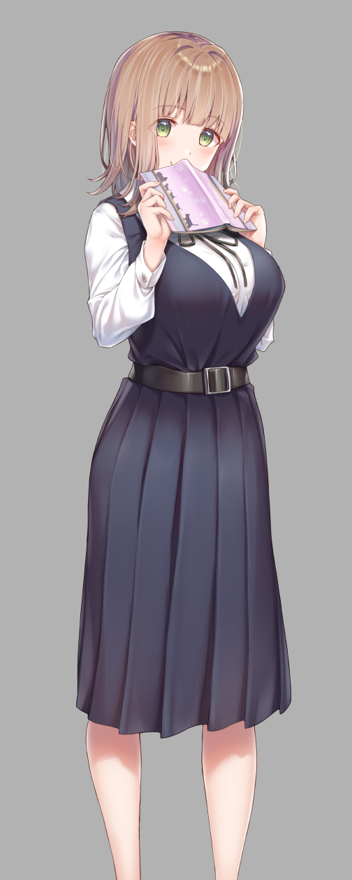 1girl belt blush book breasts brown_hair dress feet_out_of_frame green_eyes highres holding holding_book kawahara_minamo large_breasts long_hair long_sleeves looking_at_viewer neck_ribbon original pinafore_dress pleated_dress ribbon sleeveless sleeveless_dress smile solo