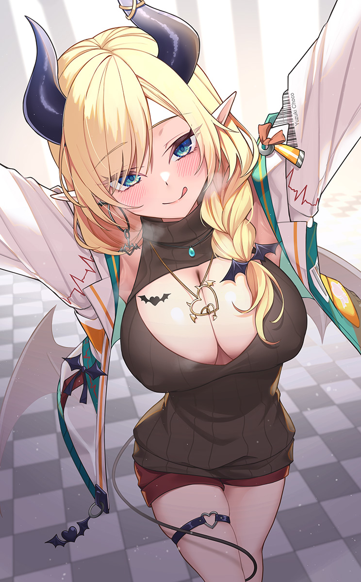 1girl :q bat_hair_ornament black_horns blonde_hair blue_eyes blush breasts brown_sweater checkered_floor cleavage cleavage_cutout clothing_cutout commentary_request hair_ornament heart highres hololive horns jacket large_breasts long_hair looking_at_viewer open_clothes open_jacket pointy_ears solo standing sweater thigh_strap thighs tongue tongue_out virtual_youtuber white_jacket yuzuki_choco yuzuki_choco_(streetwear) z.m._(zimin)