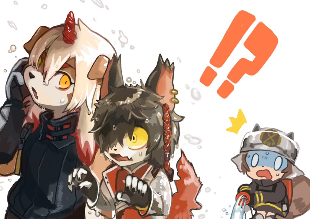 !? 2boys aak_(arknights) animal_ears arknights buchi0122 claws colored_tips commentary_request fingerless_gloves firefighter firefighter_jacket furry furry_male gloves holding holding_hose horns hose hung_(arknights) jacket komainu_boy komainu_ears komainu_tail looking_at_another looking_back multicolored_hair multiple_boys shaw_(arknights) shirt single_horn sleeveless sleeveless_shirt squirrel_ears squirrel_girl squirrel_tail surprised sweatdrop tail water wet wet_clothes wet_tail white_background