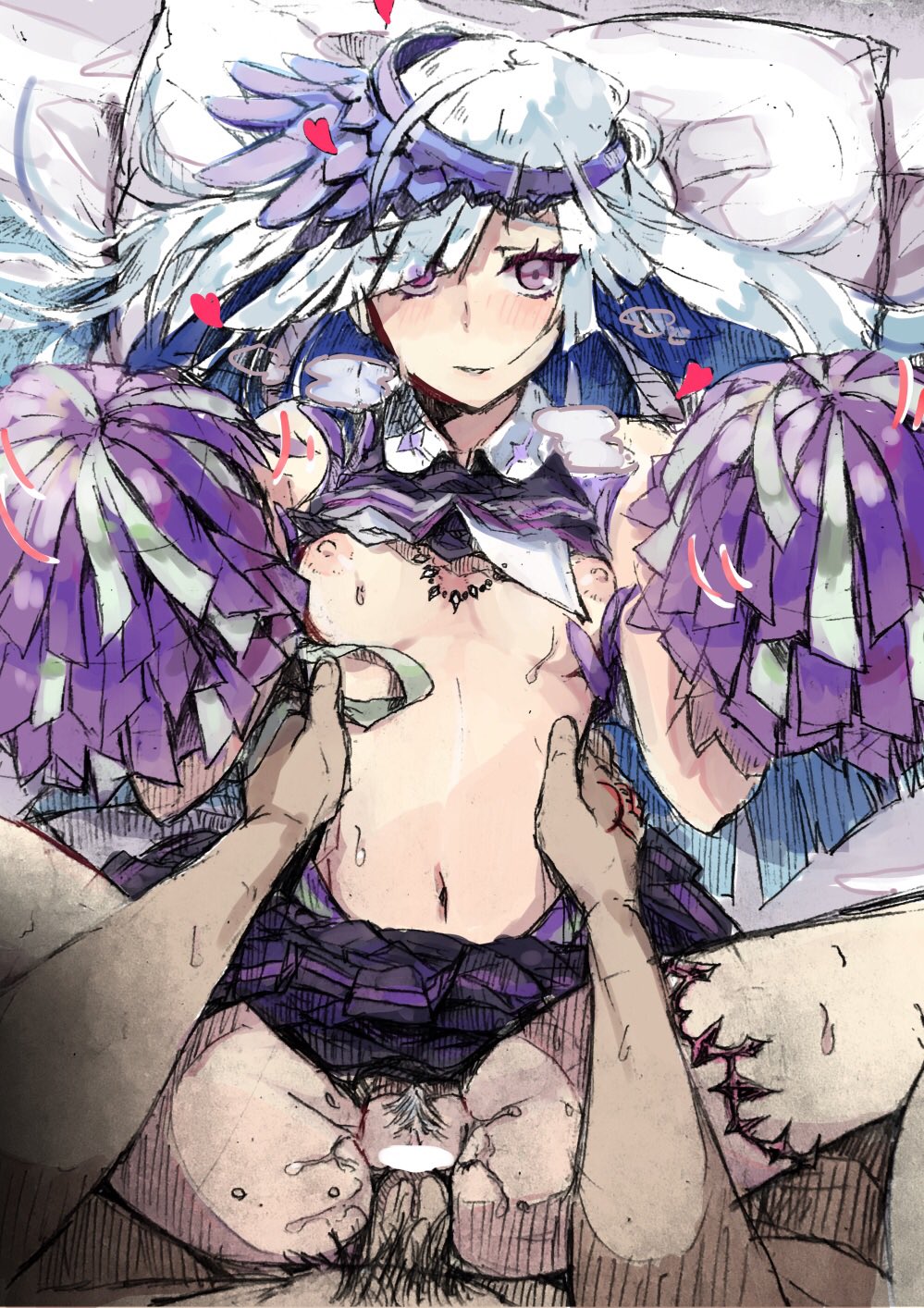 1boy 1girl areolae blunt_ends blush bouncing_breasts breasts breasts_apart breath brynhildr_(fate) censored cheerleader clitoris colored_pubic_hair commentary_request erection fate_(series) furrowed_eyebrows hair_over_one_eye hair_spread_out hands_up hatching_(texture) head_on_pillow heart hetero highres holding holding_pom_poms long_hair looking_at_viewer male_pubic_hair navel nipples penis pillow pov pov_hands pubic_hair purple_eyes pussy sex sketch solo_focus torso_grab very_long_hair wing_collar
