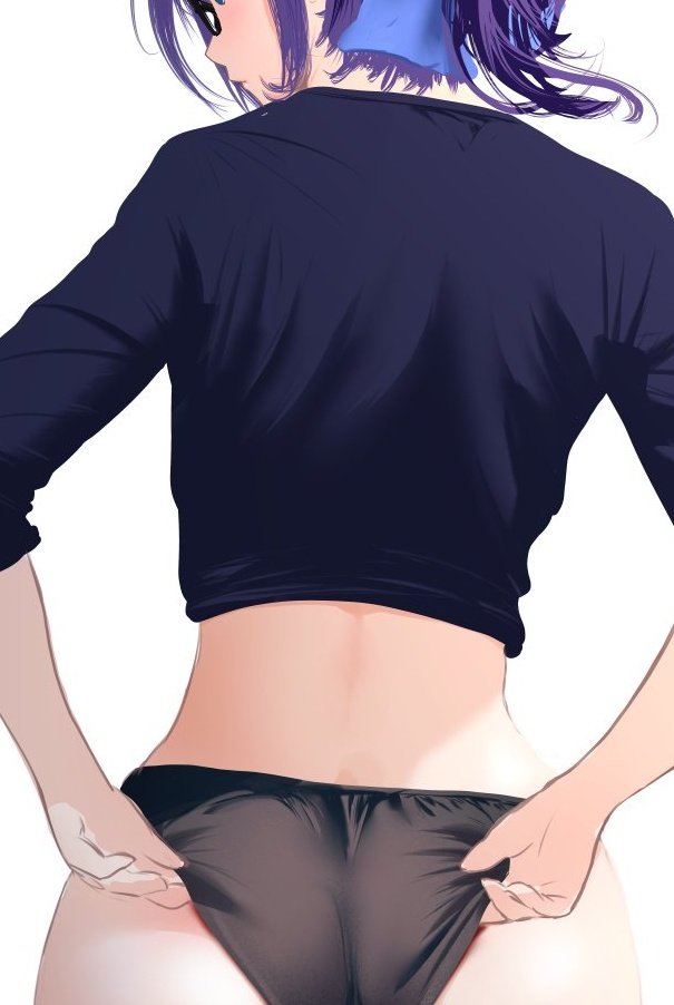 1girl a-chan_(hololive) adjusting_clothes adjusting_panties ass black-framed_eyewear black_panties blue_hair blue_shirt cohi27151463 cropped_shirt from_behind hashtag-only_commentary hololive midriff panties shirt short_hair simple_background sleeves_past_elbows solo underwear upper_body virtual_youtuber white_background