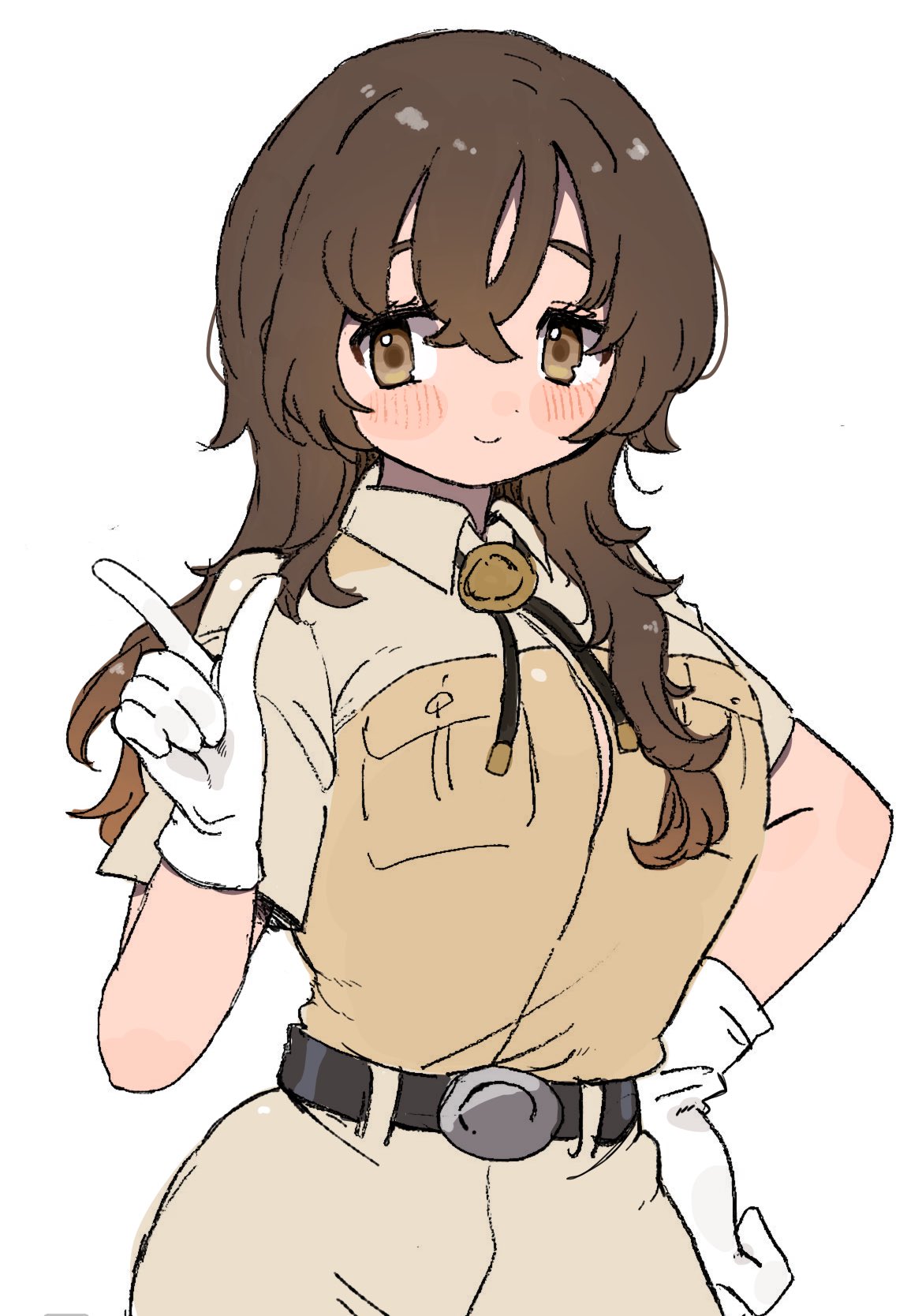 010mzam 1girl belt breast_pocket breasts brown_eyes brown_hair brown_shirt captain_(kemono_friends) collared_shirt genderswap genderswap_(mtf) gloves hand_on_own_hip highres index_finger_raised kemono_friends large_breasts long_hair looking_at_viewer pocket shirt short_sleeves simple_background solo white_background white_gloves