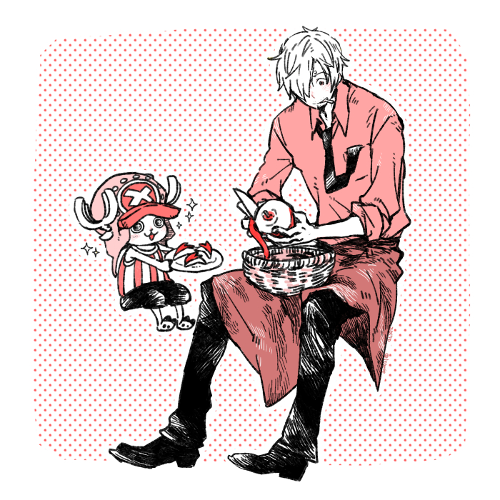 :3 antlers apple apron cigarette curly_eyebrows food fruit hat holding holding_food holding_fruit holding_knife horns invisible_chair itowo_(itowc) knife monochrome mouth_hold necktie one_piece pants peeling red_theme sanji_(one_piece) shirt short_hair sitting smile tony_tony_chopper