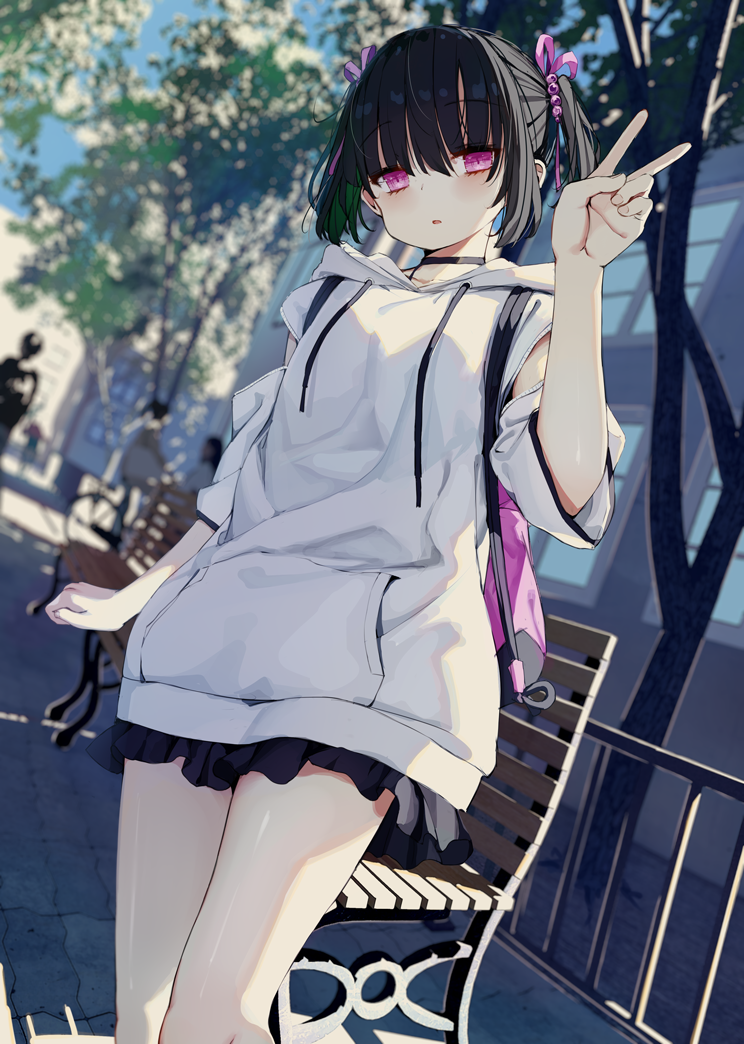 1girl bare_legs bench black_choker black_skirt building choker commentary_request drawstring hair_ribbon hood hood_down hoodie kamizaki_hibana long_sleeves looking_at_viewer miniskirt original outdoors parted_bangs parted_lips pink_bag pink_eyes pink_ribbon pleated_skirt ribbon sidelocks skirt solo tree two_side_up v white_hoodie