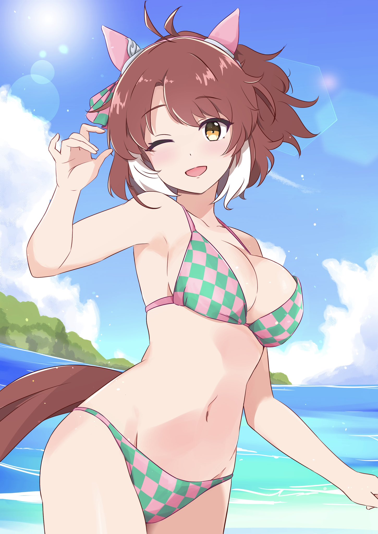 1girl ahoge animal_ears bikini blush breasts brown_eyes brown_hair cleavage collarbone commentary_request dantsu_flame_(umamusume) funamori head highres horse_ears horse_girl island lens_flare looking_at_viewer medium_breasts medium_hair navel ocean one_eye_closed open_mouth sky solo swimsuit umamusume