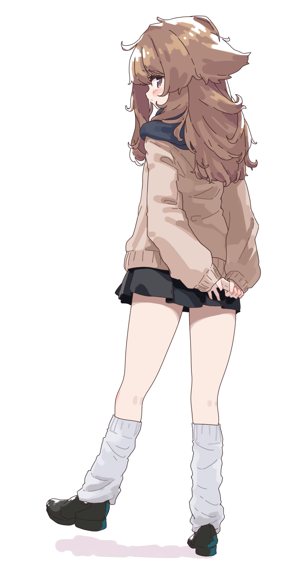 1girl aoi_tori arms_behind_back black_footwear black_skirt blue_sailor_collar blush brown_hair brown_sweater closed_mouth commentary from_behind highres leg_up long_hair long_sleeves looking_at_viewer looking_back loose_socks miniskirt original own_hands_together pleated_skirt raika-chan_(aoi_tori) sailor_collar shadow sidelocks simple_background skirt socks solo standing sweater white_background white_socks