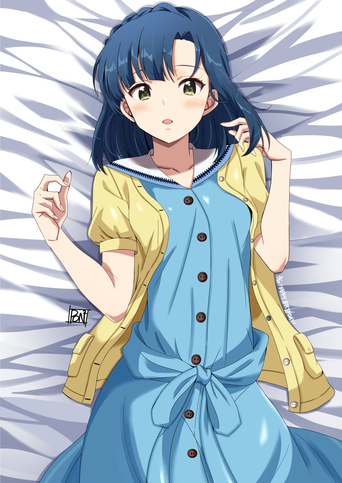 1girl bed_sheet blue_dress blue_hair blush braid breasts buttons collar collarbone collared_dress cowboy_shot dated dot_nose dress eyelashes hands_up happy_birthday highres idolmaster idolmaster_million_live! idolmaster_million_live!_theater_days looking_at_viewer lying medium_hair nanao_yuriko official_alternate_costume on_back on_bed open_clothes open_mouth open_shirt parted_bangs ponpon puffy_short_sleeves puffy_sleeves shirt short_sleeves signature single_braid small_breasts solo straight-on waist_ribbon white_collar yellow_eyes yellow_shirt