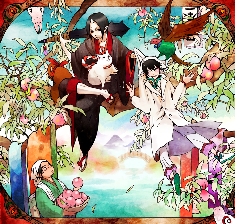 3boys ^_^ basket bead_bracelet beads black_eyes black_kimono black_sleeves boots border bracelet bridge brown_footwear buttons character_request closed_eyes closed_mouth club_(weapon) coat coattails cockatrice collarbone collared_coat commentary_request day dog eyeshadow food frown fruit fruit_basket full_body green_kimono hakutaku_(hoozuki_no_reitetsu) hat head_scarf holding holding_basket holding_club holding_food holding_fruit hoozuki_(hoozuki_no_reitetsu) hoozuki_no_reitetsu horns japanese_clothes jewelry kibi_(kibi.ibik) kimono lab_coat lake leaf long_sleeves looking_at_another makeup male_focus multiple_boys on_branch open_mouth ornate_border outdoors over_shoulder pants pantyhose peach pointy_ears puffy_short_sleeves puffy_sleeves rabbit red_border red_bracelet red_eyeshadow sandals shirt_grab short_sleeves single_horn sitting sitting_on_branch small_horns smile spiked_club weapon weapon_over_shoulder white_coat white_footwear white_hat white_horns white_pants white_pantyhose white_sleeves wide_sleeves zouri