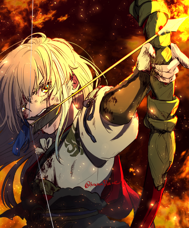 1boy archer_(fate/samurai_remnant) arm_guards arrow_(projectile) blonde_hair bow_(weapon) chinese_clothes dark_background fate/samurai_remnant fate_(series) fire flaming_arrow hair_down hair_ornament holding holding_bow_(weapon) holding_weapon kanaflame long_hair red_hanfu red_robe robe solo tassel tassel_hair_ornament weapon white_hair white_hanfu yellow_eyes