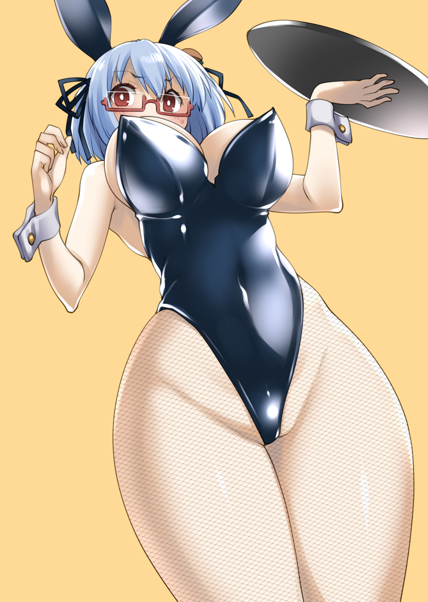 1girl animal_ears bare_shoulders blue_hair blue_leotard blush borrowed_character breasts burger_hair_ornament commentary_request covered_navel covered_nipples fake_animal_ears fishnet_pantyhose fishnets food-themed_hair_ornament from_below glasses hair_ornament hamburger-chan_(hundredburger) highres hisakawa_chin holding holding_tray leotard looking_at_viewer looking_down medium_breasts original pantyhose playboy_bunny rabbit_ears red-framed_eyewear semi-rimless_eyewear solo strapless strapless_leotard tray wrist_cuffs yellow_background