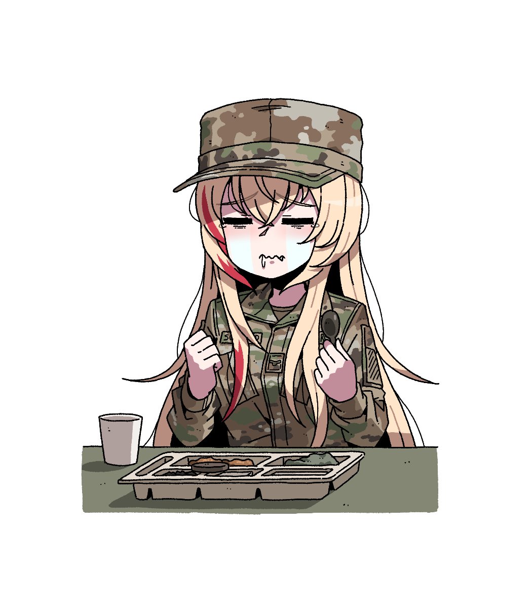 1girl camouflage camouflage_jacket closed_eyes crying cup eating food girls'_frontline hat highres holding holding_spoon jacket karepack long_hair lunch m4_sopmod_ii_(girls'_frontline) military_hat military_uniform solo spoon tears uniform