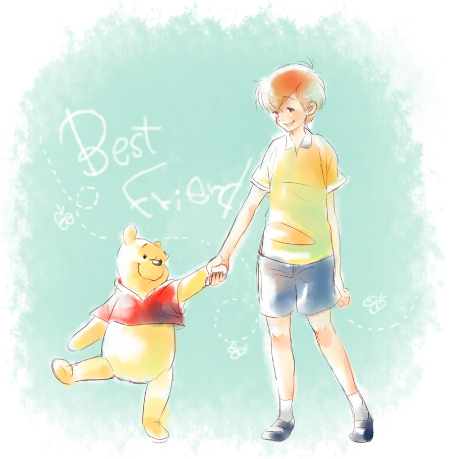 2boys :d bear blue_shorts brown_hair bug butterfly christopher_robin english_text green_background holding_hands misoko multiple_boys pooh red_shirt shirt short_sleeves shorts simple_background smile socks standing white_butterfly white_socks winnie_the_pooh yellow_shirt