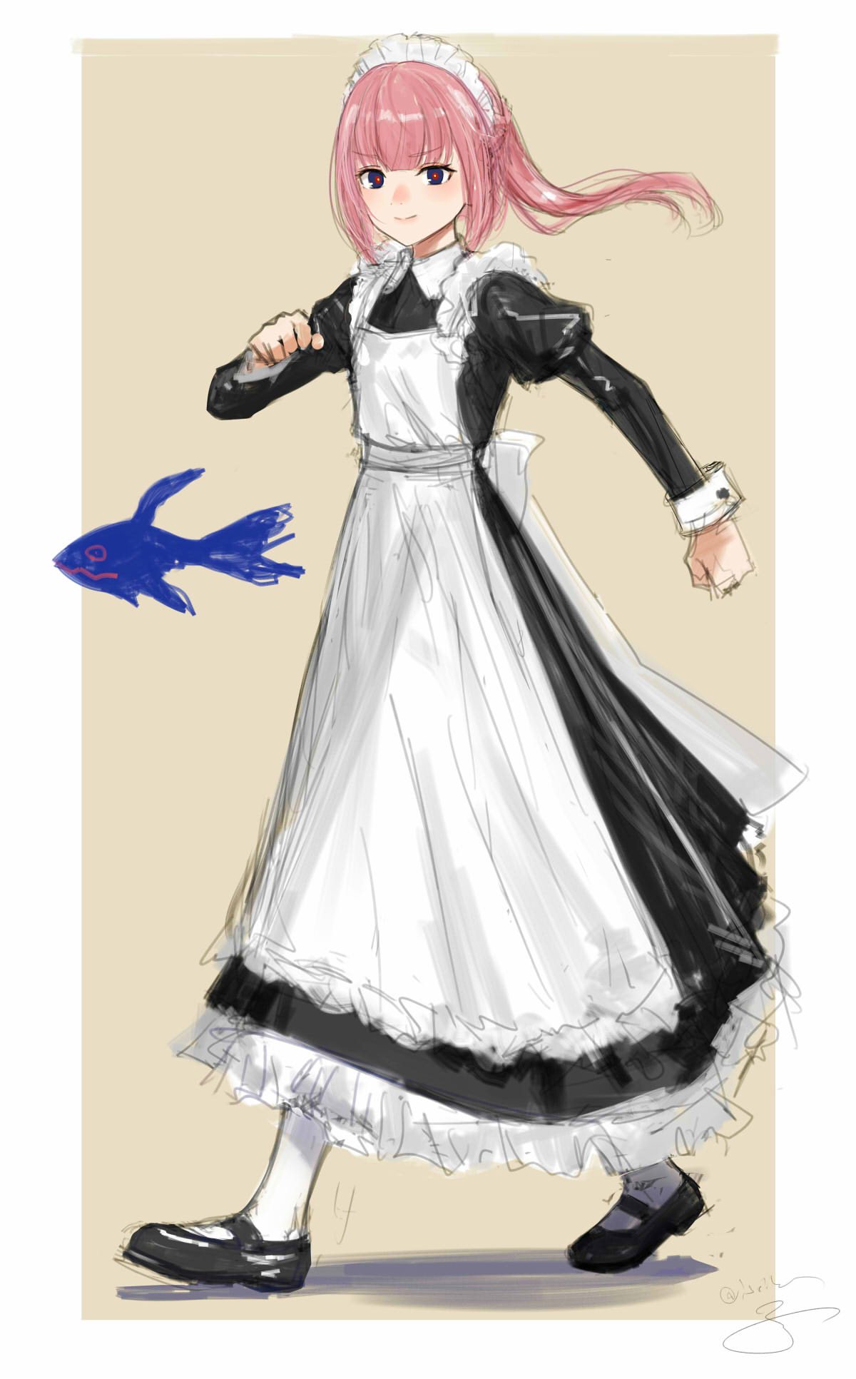 1girl alternate_costume apron black_dress black_footwear blue_eyes blush border closed_mouth dress enmaided fish floating_hair full_body highres isshiki_(ffmania7) juliet_sleeves kaf_(kamitsubaki_studio) kamitsubaki_studio laplace_(kamitsubaki_studio) long_dress long_hair long_sleeves looking_at_viewer maid maid_apron maid_headdress mary_janes multicolored_eyes pantyhose pink_hair ponytail puffy_sleeves red_eyes shoes signature simple_background sleeve_cuffs smile solo v-shaped_eyebrows virtual_youtuber walking white_apron white_border white_pantyhose yellow_background yellow_pupils