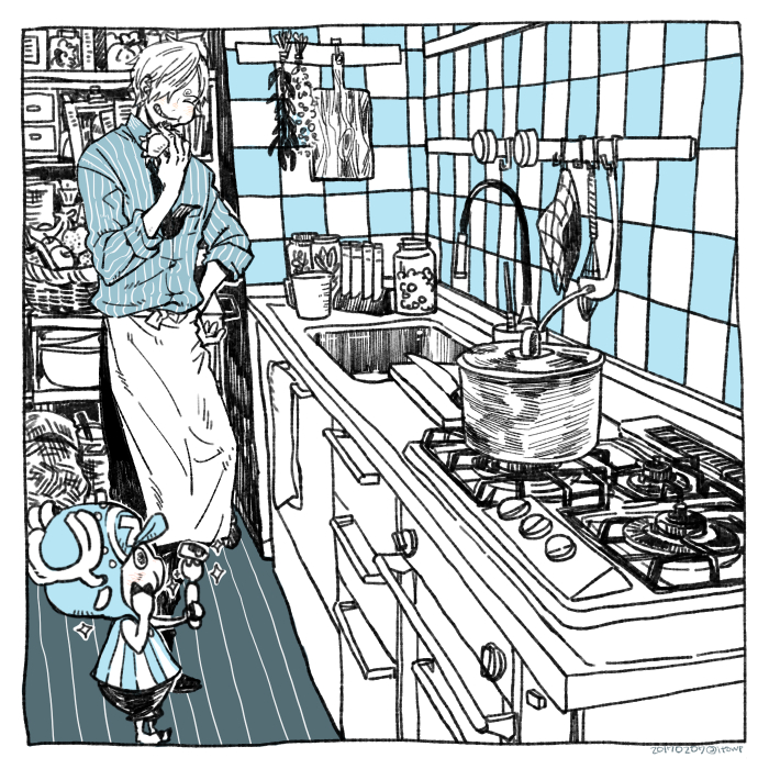 2boys apron blue_theme cooking cooking_pot cutting_board eating itowo_(itowc) kitchen loaded_interior monochrome multiple_boys one_piece sanji_(one_piece) shirt sink waist_apron