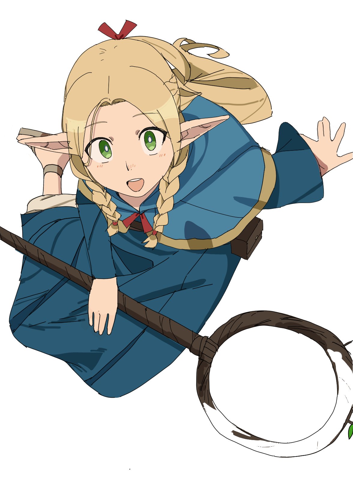 1girl ambrosia_(dungeon_meshi) arm_support blonde_hair blue_capelet blue_dress braided_sidelock capelet commentary dress dungeon_meshi from_above full_body green_eyes hair_ribbon highres holding holding_wand long_hair looking_at_viewer marcille_donato open_mouth pants partially_colored pointy_ears red_ribbon ribbon sandals simple_background sitting solo teeth upper_teeth_only waist_bag wand white_background white_pants womiriguramu