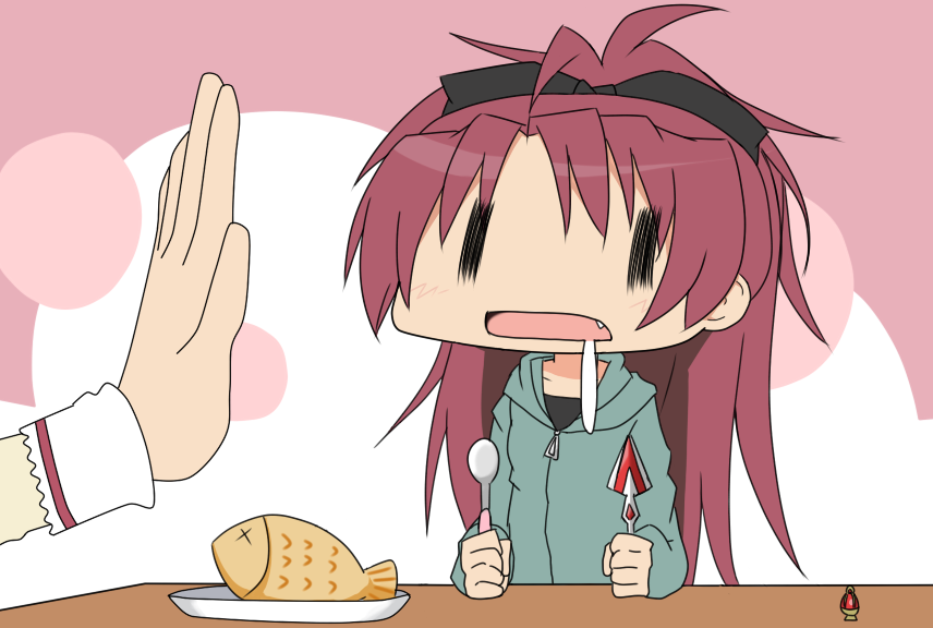 aoki_ume_(style) bow drooling fang food hair_bow hungry jacket long_hair mahou_shoujo_madoka_magica mai_(t-5) multiple_girls open_mouth parody polearm ponytail red_hair sakura_kyouko solo_focus soul_gem spear spoon style_parody taiyaki wagashi weapon wide_face ||_||