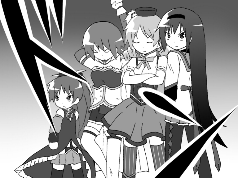 akemi_homura argyle argyle_legwear beret black_hair child closed_eyes comic detached_sleeves drill_hair gogiga_gagagigo gradient gradient_background greyscale hair_ribbon hairband hat height_difference long_hair mahou_shoujo_madoka_magica miki_sayaka monochrome multiple_girls pantyhose ponytail ribbon sakura_kyouko short_hair skirt soul_gem striped striped_legwear thighhighs tomoe_mami translated twin_drills twintails vertical-striped_legwear vertical_stripes younger