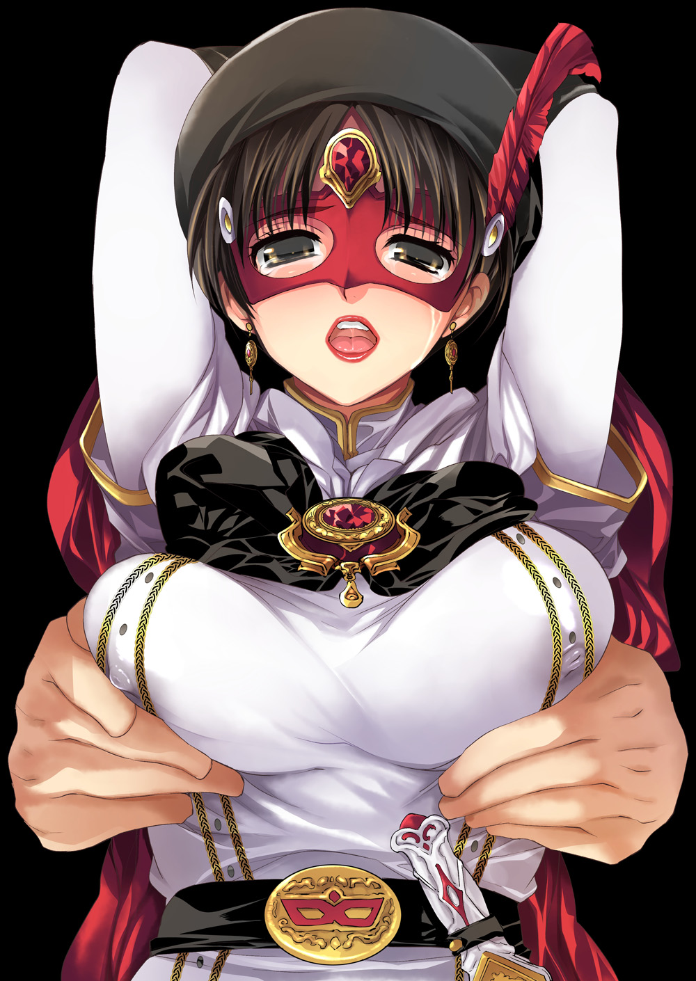 arms_up bad_id bad_pixiv_id belt beret bishoujo_kamen_poitrine black_hair breast_grab breasts brooch brown_eyes covered_nipples earrings grabbing hat hetero highres jewelry large_breasts lipstick makeup mask murakami_yuuko shinano_yura short_hair upper_body