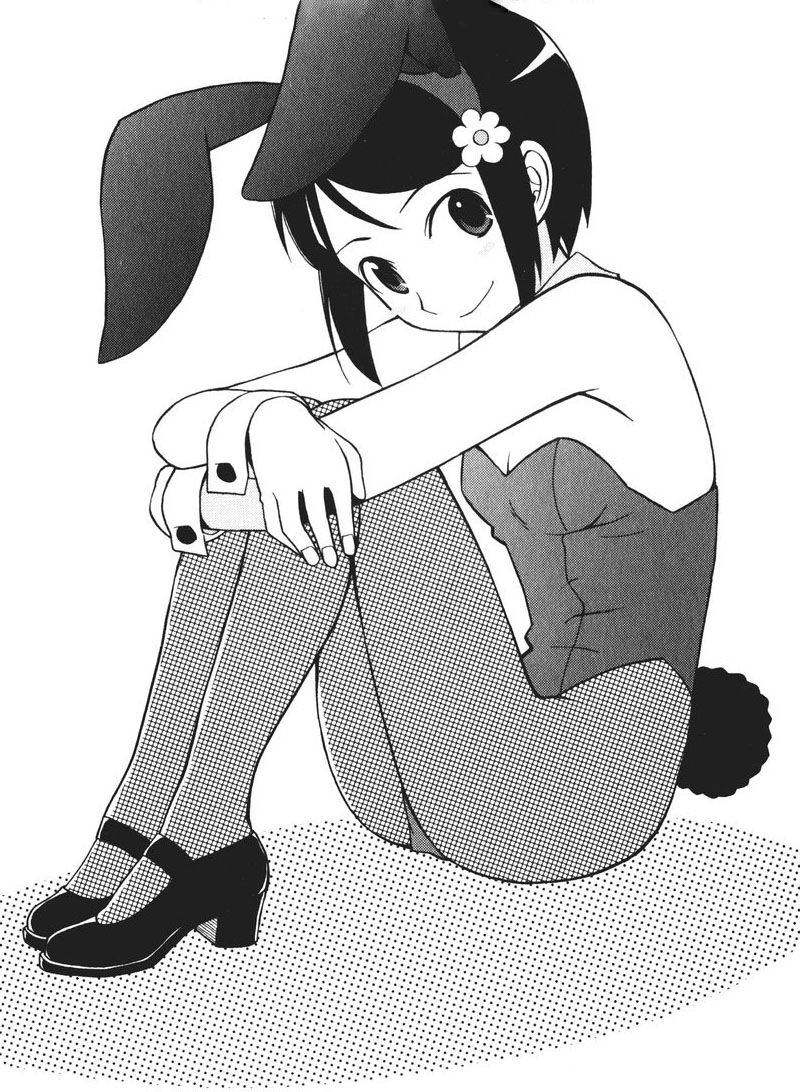 animal_ears breasts bunny_ears bunny_girl bunny_tail bunnysuit cleavage comic cynthia_the_mission detached_collar flat_chest flower greyscale hair_flower hair_ornament leg_hug looking_at_viewer mary_janes monochrome nakatsuka_yumiko pantyhose shoes short_hair sitting smile solo strapless tail takatou_rui wrist_cuffs
