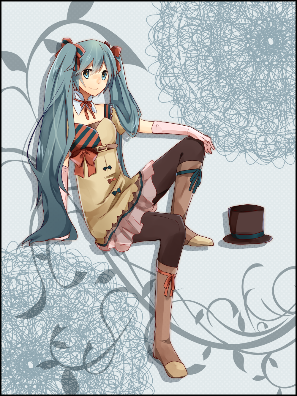 aqua_eyes aqua_hair bad_id bad_pixiv_id boots ennui_heiwa_miku hair_ribbon hanagerian hat hatsune_miku highres long_hair looking_at_viewer pantyhose ribbon sitting skirt smile solo twintails very_long_hair vocaloid