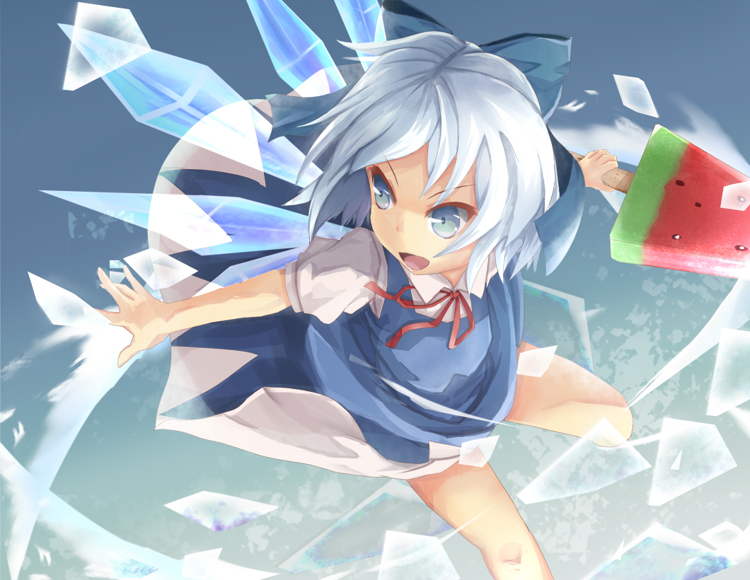 :d bad_id bad_pixiv_id blue_dress blue_eyes bow cirno dress food hair_bow open_mouth outstretched_arm outstretched_hand popsicle puffy_sleeves revision shirt short_hair short_sleeves silver_hair slashing smile solo sword touhou v-shaped_eyebrows wakame_mi watermelon_bar weapon wings