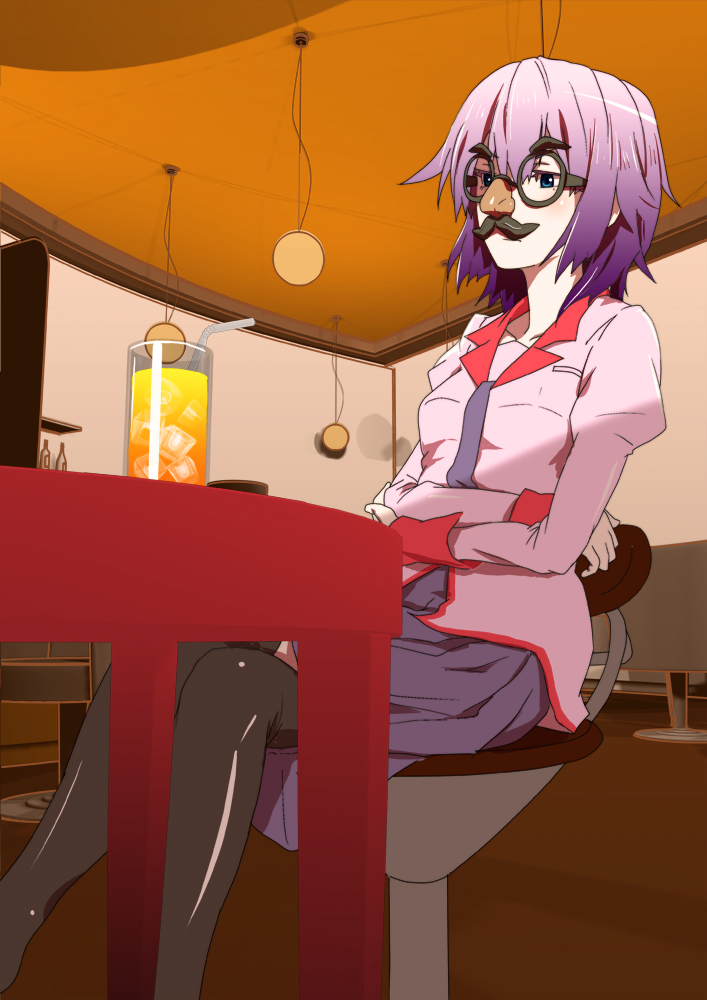 black_legwear cafe crossed_legs disguise juice koimonogatari monogatari_(series) pantyhose pink_hair purple_hair s.h.v school_uniform senjougahara_hitagi short_hair sitting solo