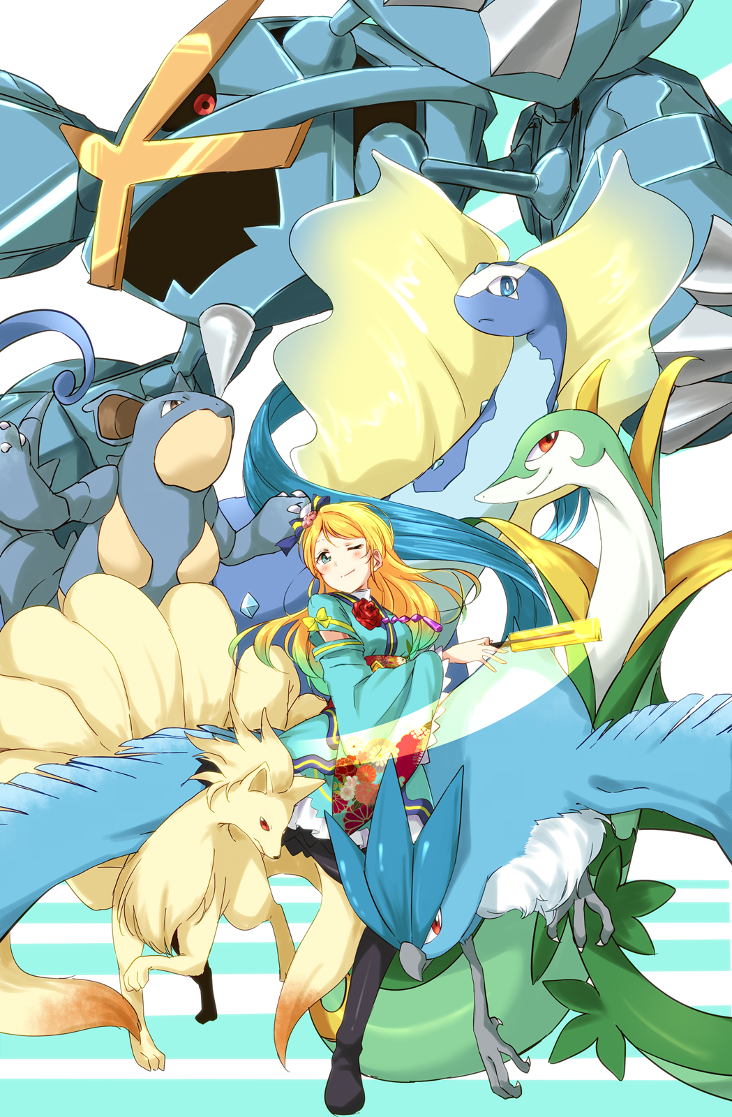 ;) articuno ayase_eli blonde_hair blue_eyes boots crossover flower frills gen_1_pokemon gen_3_pokemon gen_5_pokemon gradient_hair green_hair hair_ribbon highres japanese_clothes kimono ksk_(semicha_keisuke) leg_up legendary_pokemon long_hair long_sleeves looking_at_viewer love_live! love_live!_school_idol_project metagross multicolored_hair nidoqueen ninetales one_eye_closed paddle pokemon pokemon_(creature) ribbon rose serperior smile standing standing_on_one_leg thigh_boots thighhighs wide_sleeves