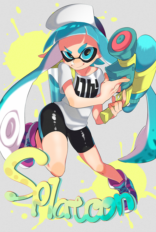 aqua_eyes aqua_hair baseball_cap bike_shorts commentary copyright_name domino_mask grey_background hat holding holding_weapon ink_tank_(splatoon) inkling leg_up long_hair looking_at_viewer mask paint_splatter pointy_ears sandato shirt shoes short_sleeves single_vertical_stripe smile sneakers solo splatoon_(series) splatoon_1 splattershot_(splatoon) standing super_soaker t-shirt tentacle_hair weapon