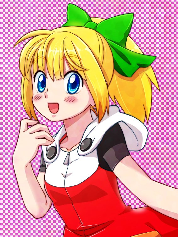 1girl :d blonde_hair blue_eyes blush bow breasts dress hair_bow high_ponytail hood hood_down hooded_dress inowensand long_hair open_mouth ponytail ribbon rockman rockman_(classic) rockman_11 roll sidelocks small_breasts smile solo