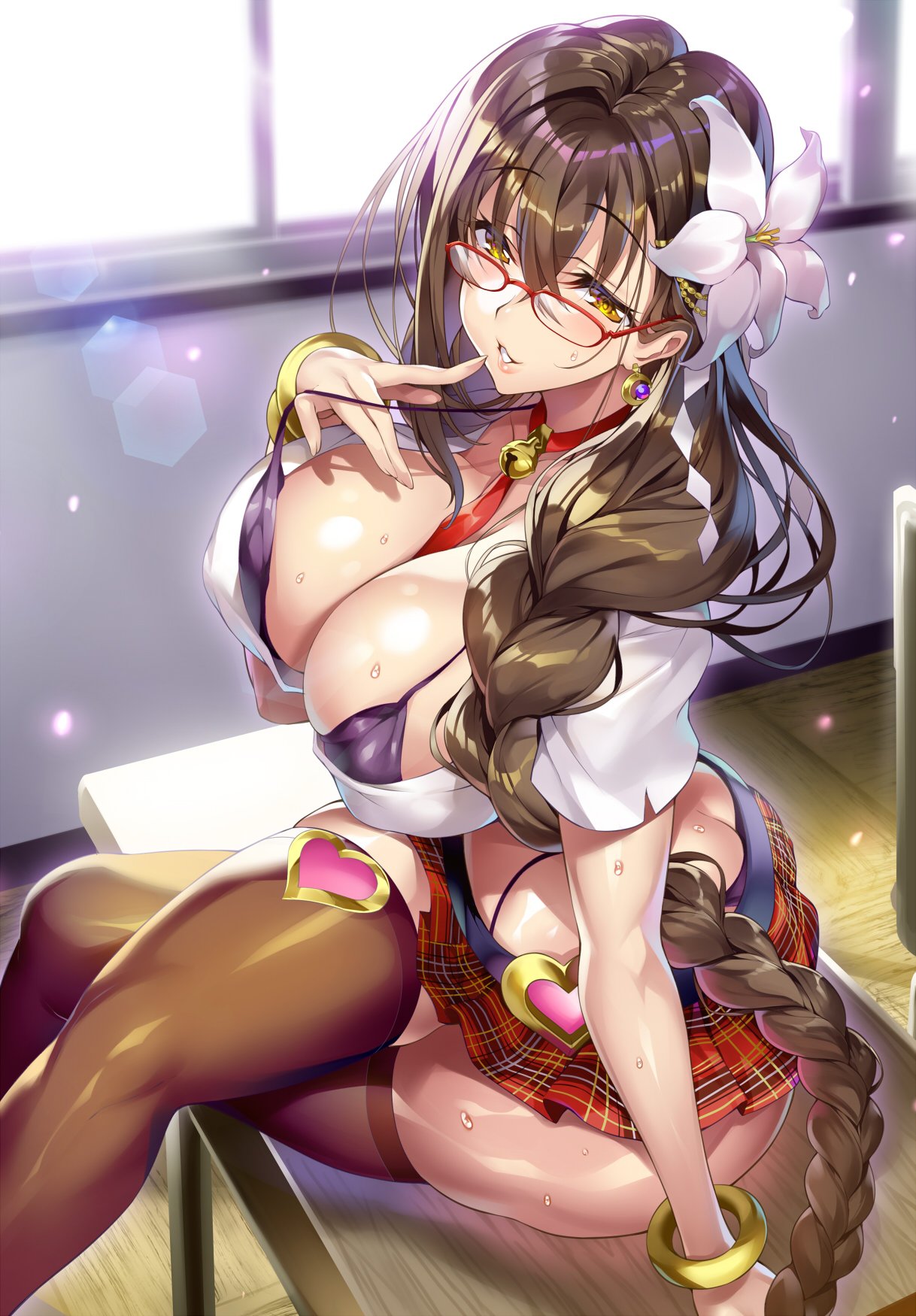 1girl arm_support bangs bell between_breasts blush bracelet braid breasts brown_eyes brown_hair brown_legwear butt_crack cleavage commentary_request day earrings eyebrows_visible_through_hair flower gan_(shanimuni) glasses hair_flower hair_ornament heart highres indoors jewelry jingle_bell kanpani_girls large_breasts legs_crossed light_particles light_rays lips long_hair microskirt midriff mole mole_under_eye naughty_face parted_lips red-framed_eyewear shiny shiny_clothes shiny_hair shiny_skin shirayuri_sakura shirt short_sleeves single_braid sitting skirt smile solo sweat sweatdrop thighhighs white_shirt zettai_ryouiki