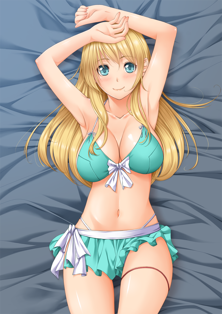 aqua_bikini aqua_eyes armpits arms_up atago_(kantai_collection) bad_id bad_pixiv_id bikini blonde_hair blush breasts chiro cleavage front-tie_top kantai_collection large_breasts long_hair looking_at_viewer lying navel on_back smile solo swimsuit