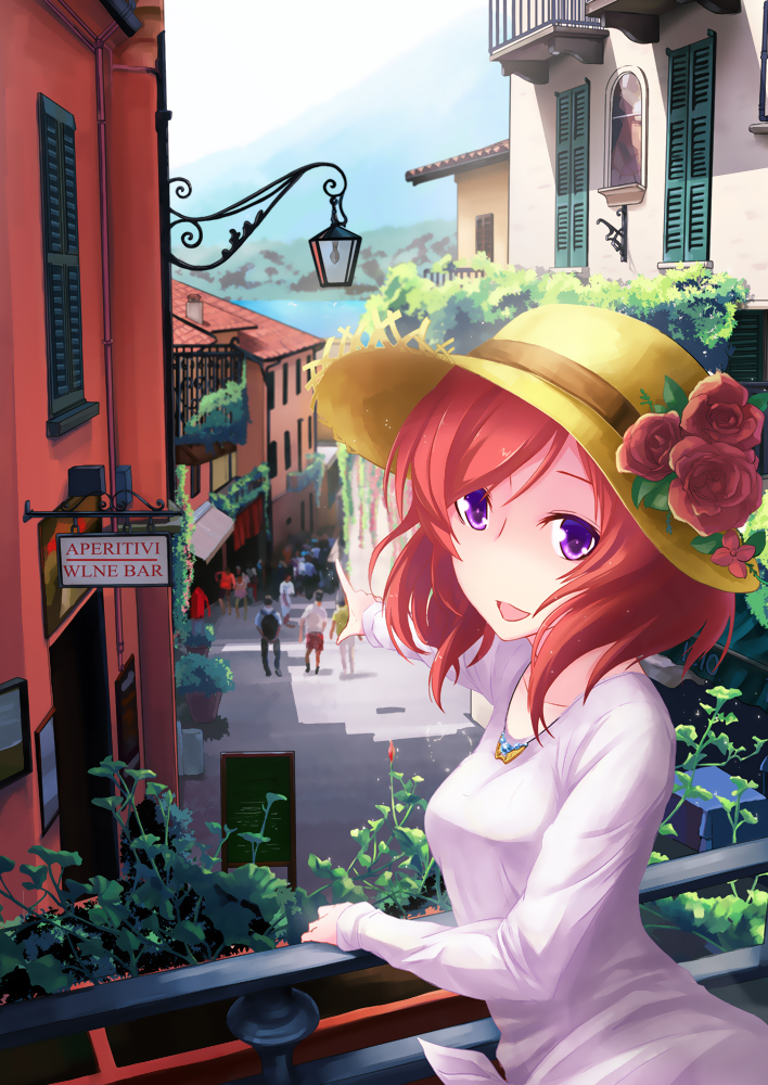 engrish flower hat hat_flower italian italy kyoumu_(huangf91) looking_back love_live! love_live!_school_idol_project nishikino_maki open_mouth pointing purple_eyes ranguage real_world_location red_hair short_hair smile solo_focus straw_hat sun_hat typo