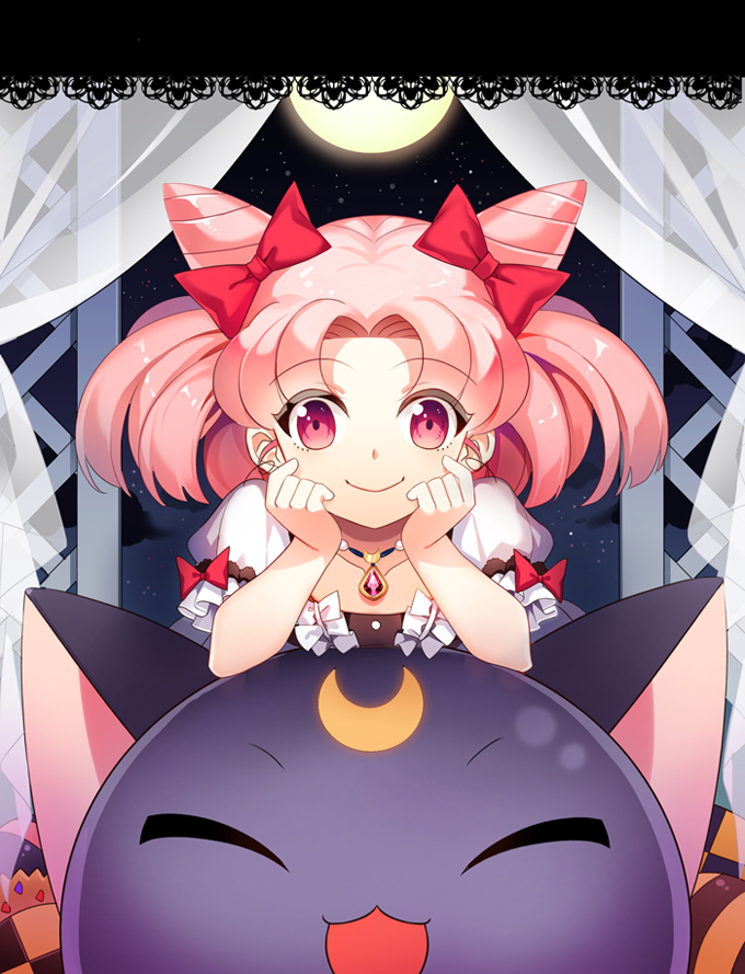 bishoujo_senshi_sailor_moon bow chibi_usa chin_rest crescent curtains double_bun full_moon hair_bow jewelry luna-p moon pendant pink_eyes pink_hair rukun00 smile twintails