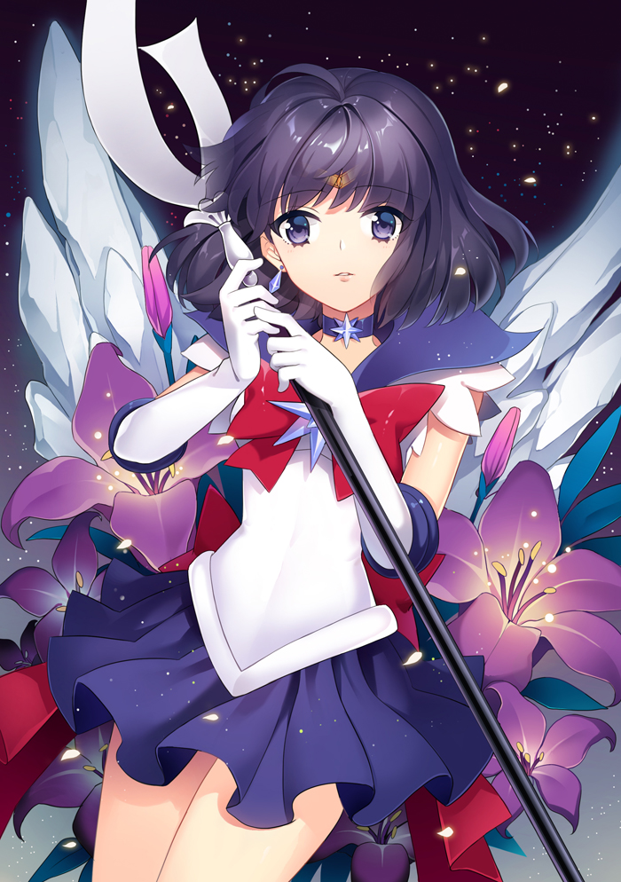 bishoujo_senshi_sailor_moon bow choker circlet earrings elbow_gloves flower glaive gloves holding holding_spear holding_weapon jewelry lily_(flower) miniskirt pleated_skirt polearm purple_eyes purple_hair purple_sailor_collar purple_skirt red_bow ribbon rukun00 sailor_collar sailor_saturn sailor_senshi_uniform silence_glaive skirt sky solo spear star star_(sky) star_choker starry_sky tomoe_hotaru transparent weapon white_gloves
