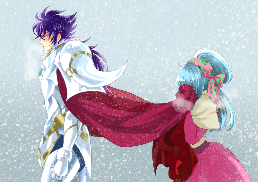 1girl armor blue_eyes blue_hair blush bow breath cape capelet closed_mouth clothes_grab cold covered_face covering_face cowboy_shot dress flipped_hair from_side gullinbursti_frodi hair_bow jobo_(isi88) long_hair long_sleeves lyfia_(saint_seiya:_soul_of_gold) pink_dress profile purple_hair saint_seiya saint_seiya:_soul_of_gold shiny shiny_hair snowing standing