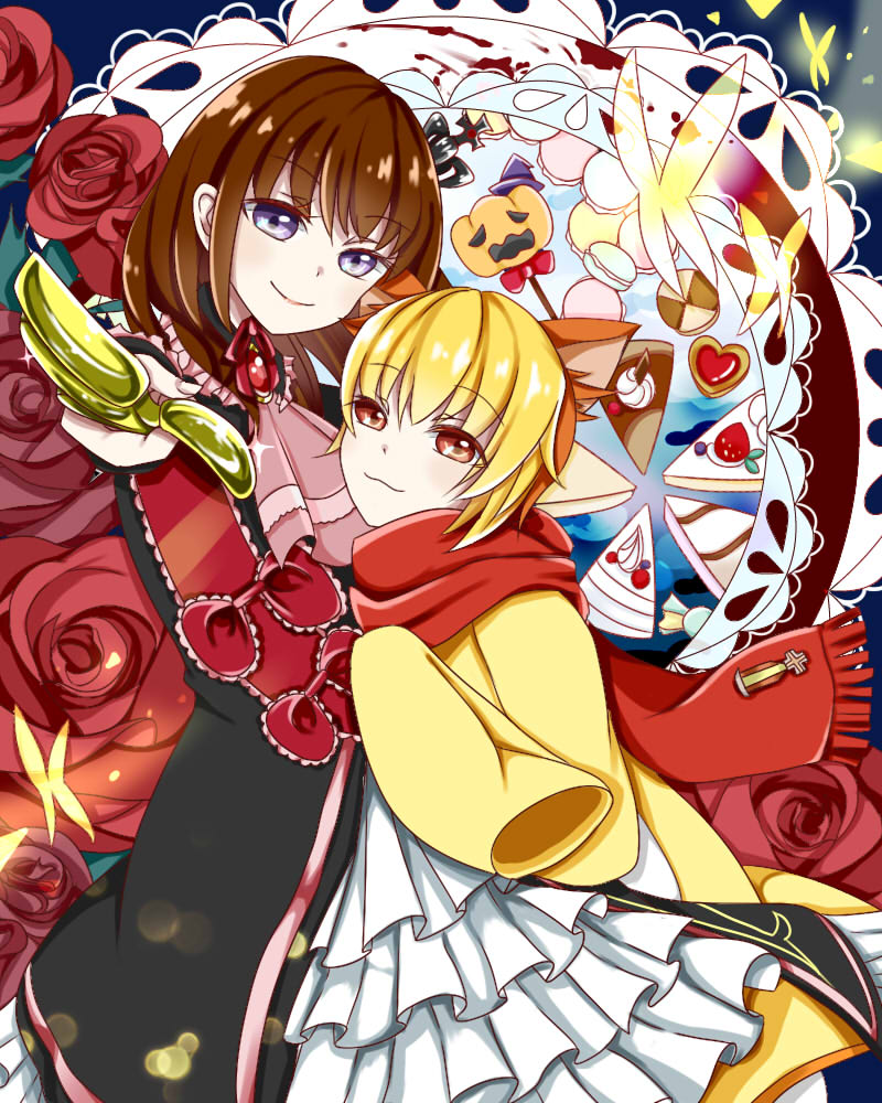 1girl animal_ears blonde_hair brown_hair bug butterfly cake candy cravat crown dress flower food insect jack-o'-lantern lion_ears macaron maria_(umineko) md5_mismatch miwisa purple_eyes red_eyes rose sakutarou scarf sleeves_past_wrists smile umineko_no_naku_koro_ni ushiromiya_maria