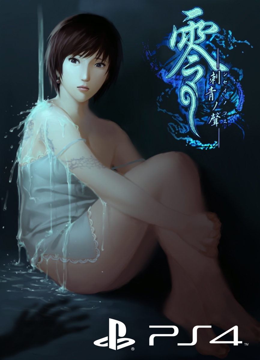 bare_shoulders brown_eyes brown_hair earrings fatal_frame_3 game_console highres jewelry kurosawa_rei looking_at_viewer oda_joe playstation_4 short_hair solo tattoo thighs water